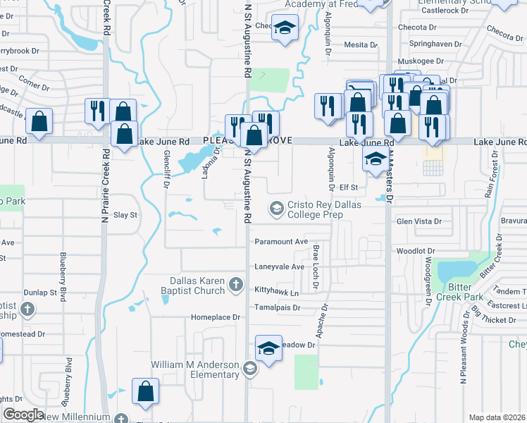 map of restaurants, bars, coffee shops, grocery stores, and more near 1054 North Saint Augustine Road in Dallas