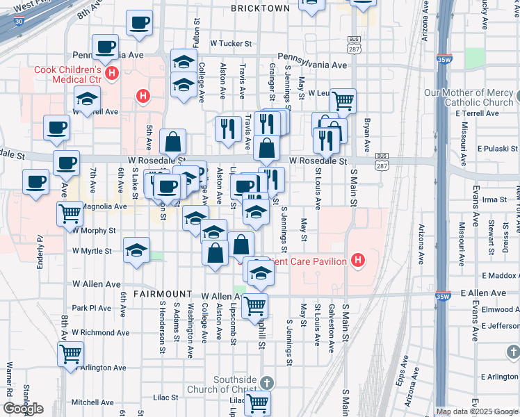 map of restaurants, bars, coffee shops, grocery stores, and more near 1308 Hemphill Street in Fort Worth