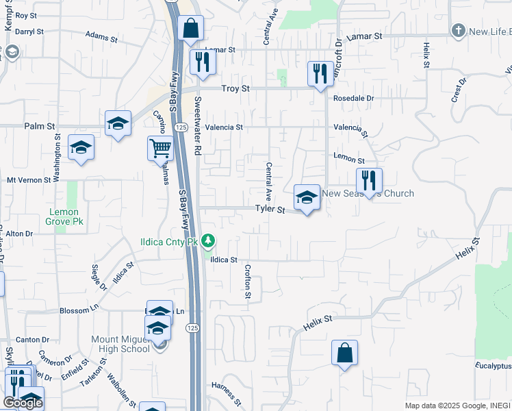 map of restaurants, bars, coffee shops, grocery stores, and more near in Spring Valley
