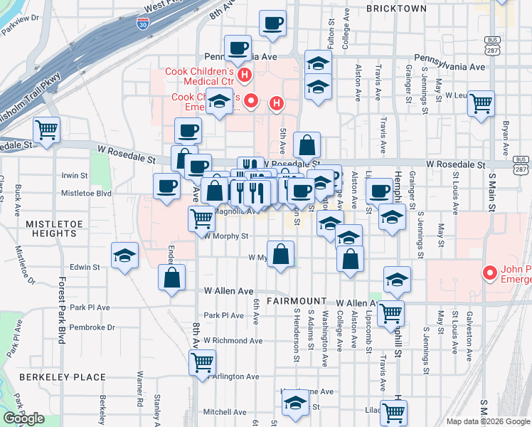 map of restaurants, bars, coffee shops, grocery stores, and more near 1301 West Magnolia Avenue in Fort Worth