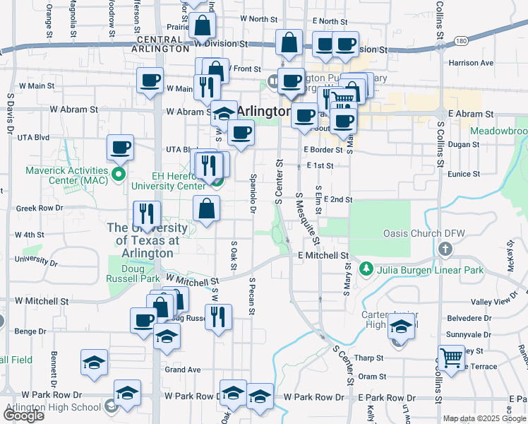 map of restaurants, bars, coffee shops, grocery stores, and more near 601 Spaniolo Drive in Arlington