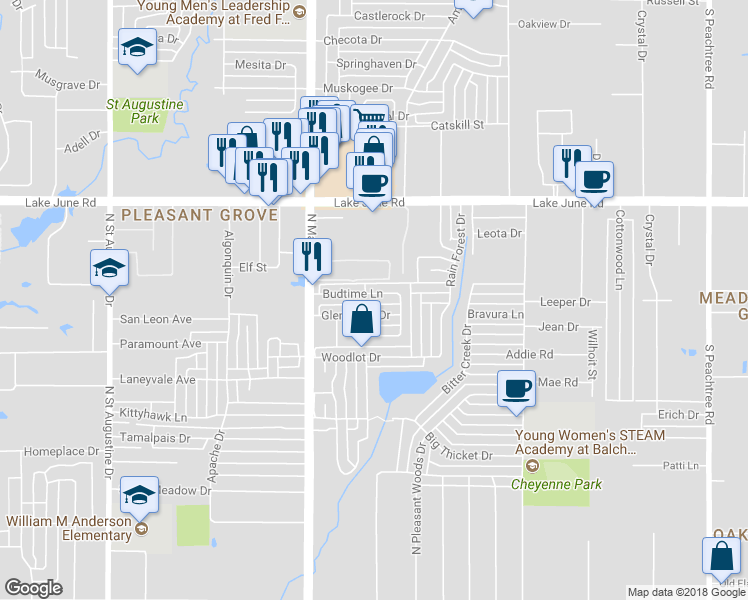 map of restaurants, bars, coffee shops, grocery stores, and more near 10248 Budtime Lane in Dallas