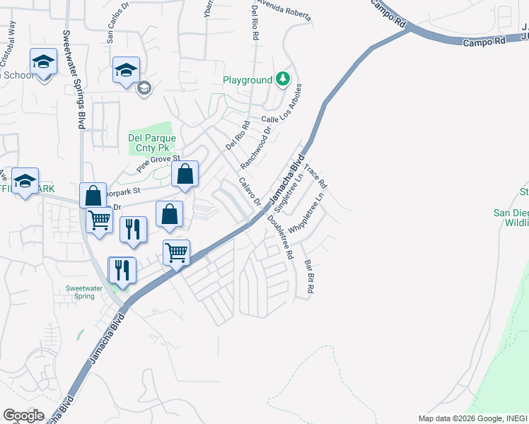 map of restaurants, bars, coffee shops, grocery stores, and more near Jamacha Boulevard & Doubletree Road in Spring Valley