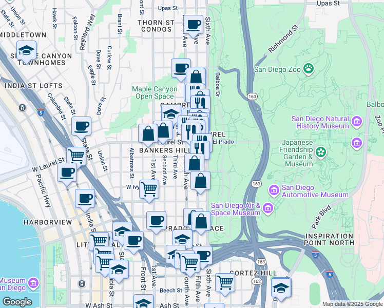 map of restaurants, bars, coffee shops, grocery stores, and more near in San Diego