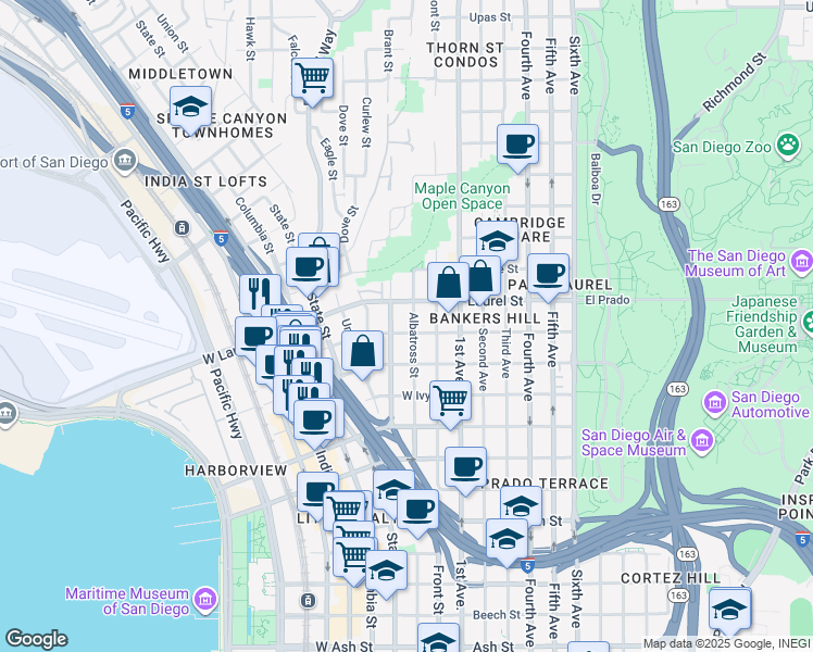 map of restaurants, bars, coffee shops, grocery stores, and more near in San Diego