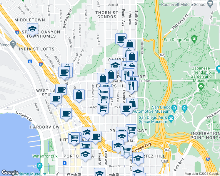 map of restaurants, bars, coffee shops, grocery stores, and more near 2408 2nd Avenue in San Diego