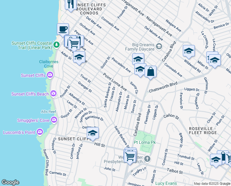 map of restaurants, bars, coffee shops, grocery stores, and more near 1265 Trieste Drive in San Diego