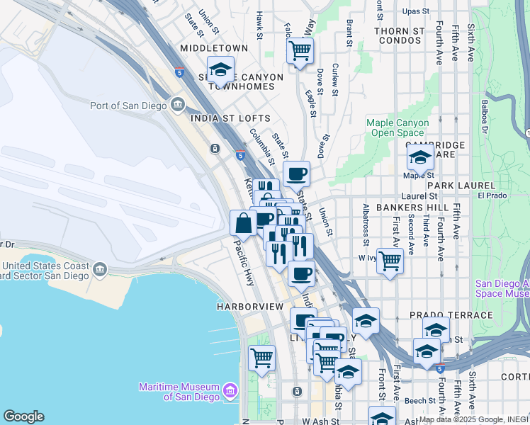 map of restaurants, bars, coffee shops, grocery stores, and more near 2535 Kettner Boulevard in San Diego