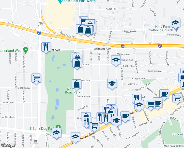 map of restaurants, bars, coffee shops, grocery stores, and more near 3033 Olive Place in Fort Worth