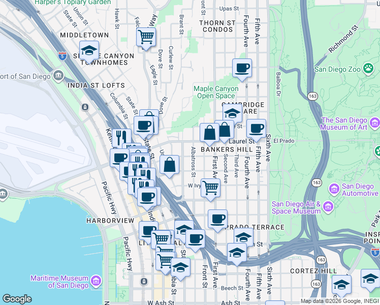 map of restaurants, bars, coffee shops, grocery stores, and more near 2410 Albatross Street in San Diego