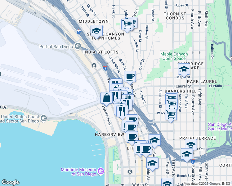 map of restaurants, bars, coffee shops, grocery stores, and more near 2535 Kettner Boulevard in San Diego