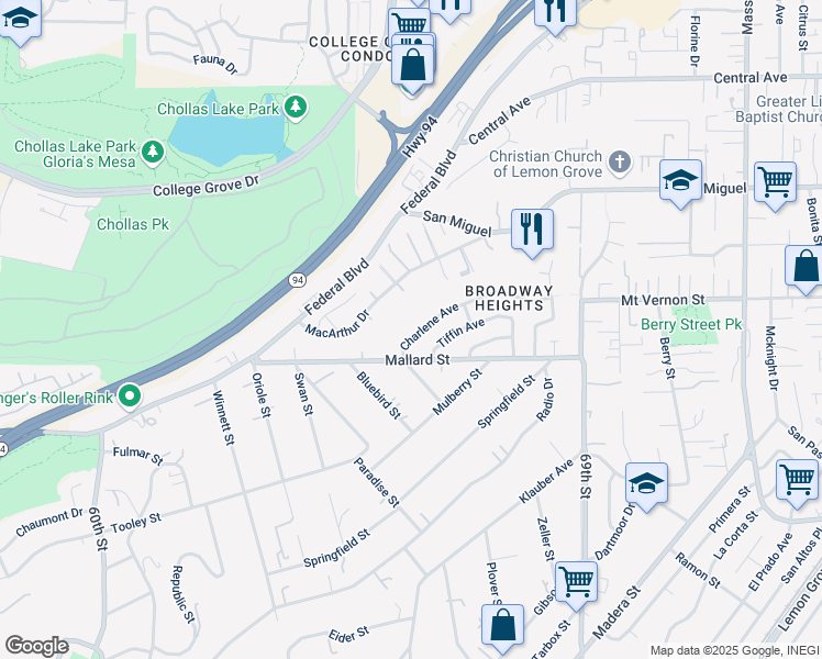 map of restaurants, bars, coffee shops, grocery stores, and more near 6612 Tiffin Avenue in San Diego