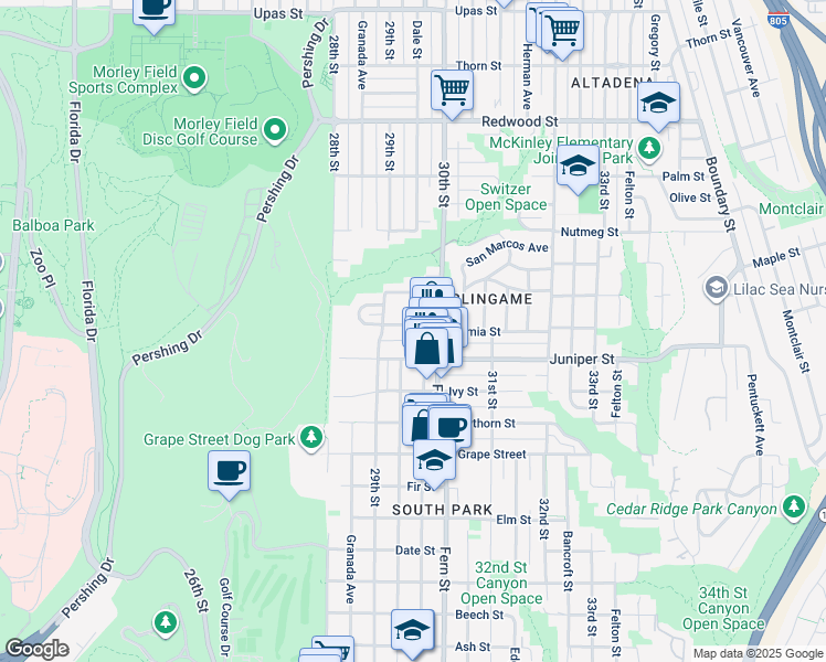 map of restaurants, bars, coffee shops, grocery stores, and more near 3013 Juniper Street in San Diego