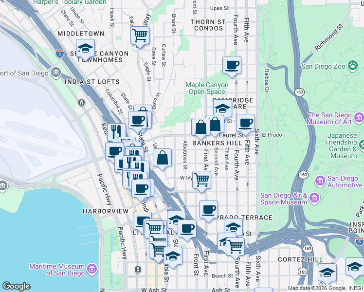 map of restaurants, bars, coffee shops, grocery stores, and more near 2410 Albatross Street in San Diego