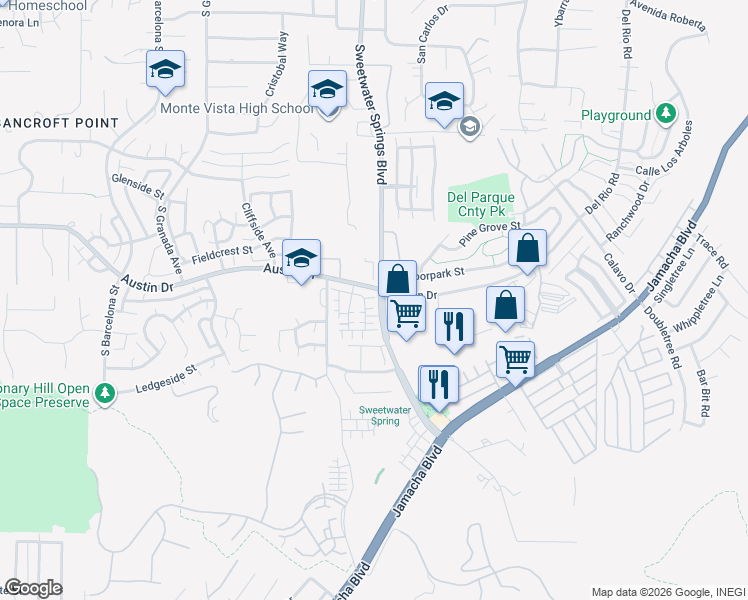 map of restaurants, bars, coffee shops, grocery stores, and more near 2788 Sweetwater Springs Boulevard in Spring Valley