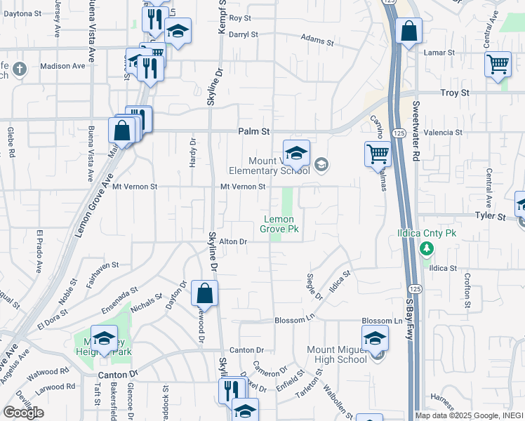 map of restaurants, bars, coffee shops, grocery stores, and more near 2270 Washington Street in Lemon Grove