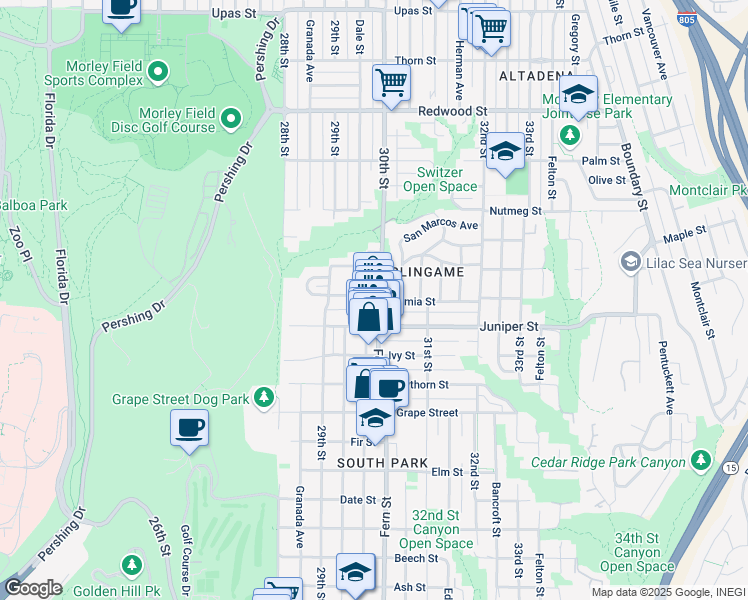 map of restaurants, bars, coffee shops, grocery stores, and more near 3013 Juniper Street in San Diego