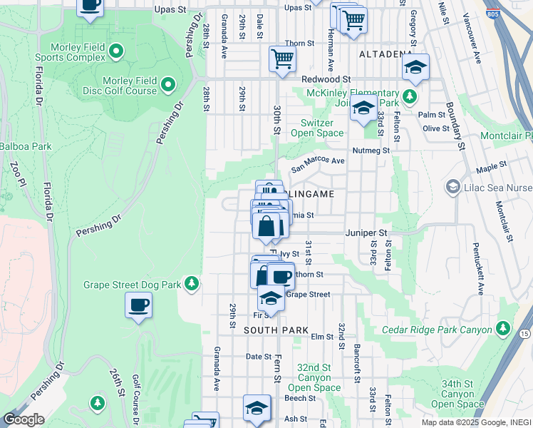 map of restaurants, bars, coffee shops, grocery stores, and more near 3013 Juniper Street in San Diego