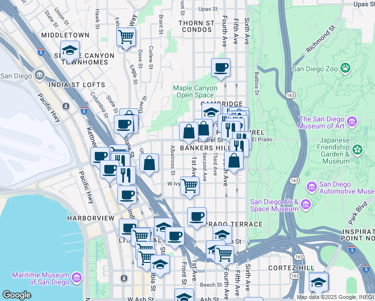 map of restaurants, bars, coffee shops, grocery stores, and more near in San Diego
