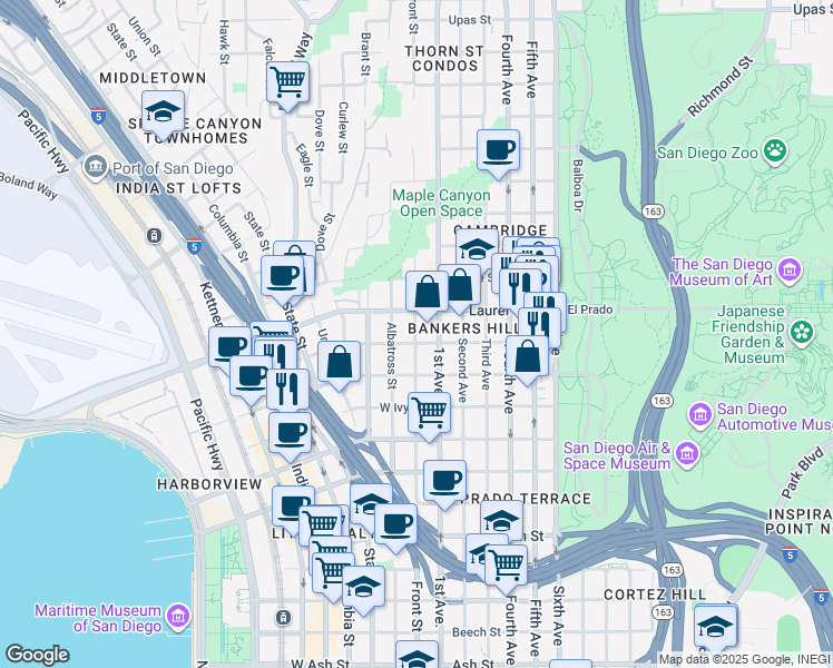 map of restaurants, bars, coffee shops, grocery stores, and more near in San Diego