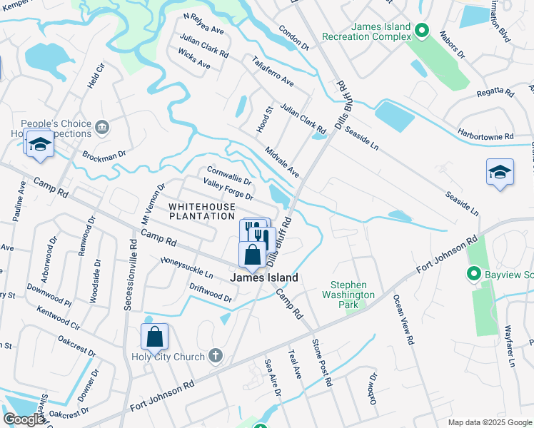 map of restaurants, bars, coffee shops, grocery stores, and more near 1261 Hampshire Road in Charleston