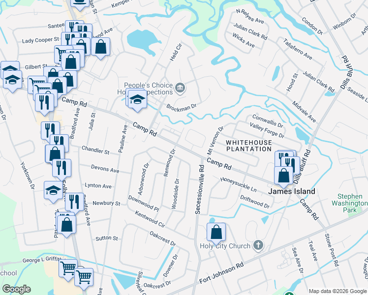 map of restaurants, bars, coffee shops, grocery stores, and more near 1402 Kentwood Circle in Charleston