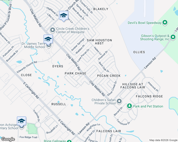 map of restaurants, bars, coffee shops, grocery stores, and more near 2124 Acorn Grove in Mesquite