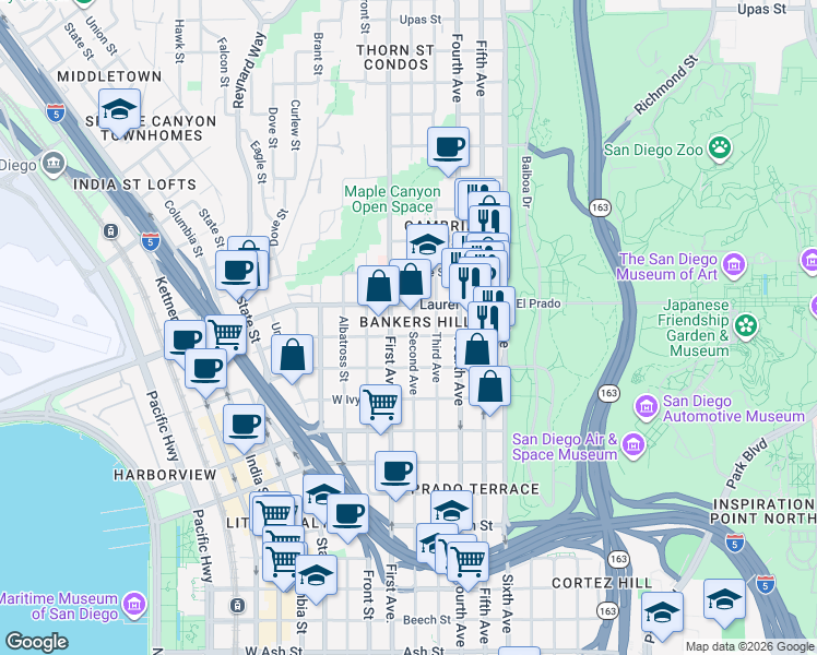 map of restaurants, bars, coffee shops, grocery stores, and more near in San Diego