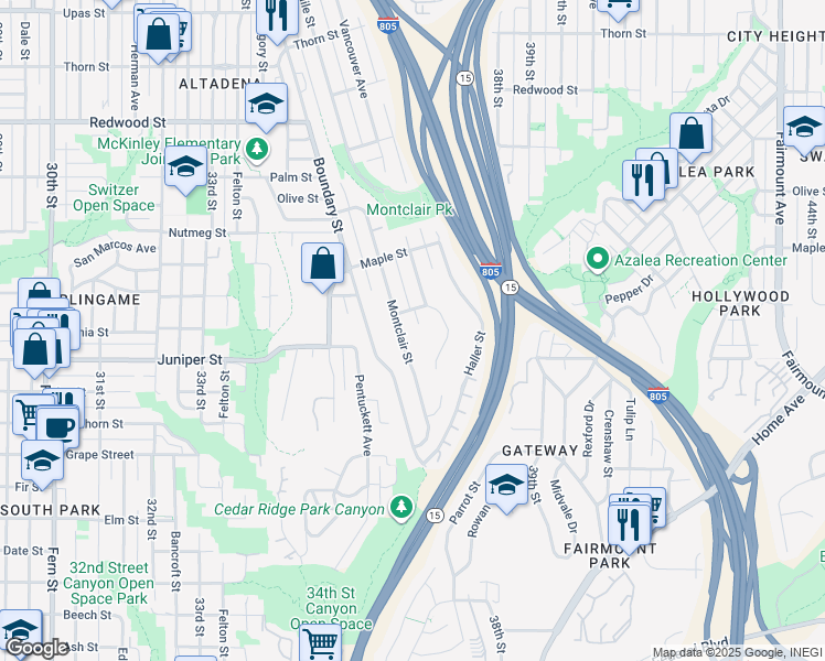 map of restaurants, bars, coffee shops, grocery stores, and more near 2323 Montclair Street in San Diego