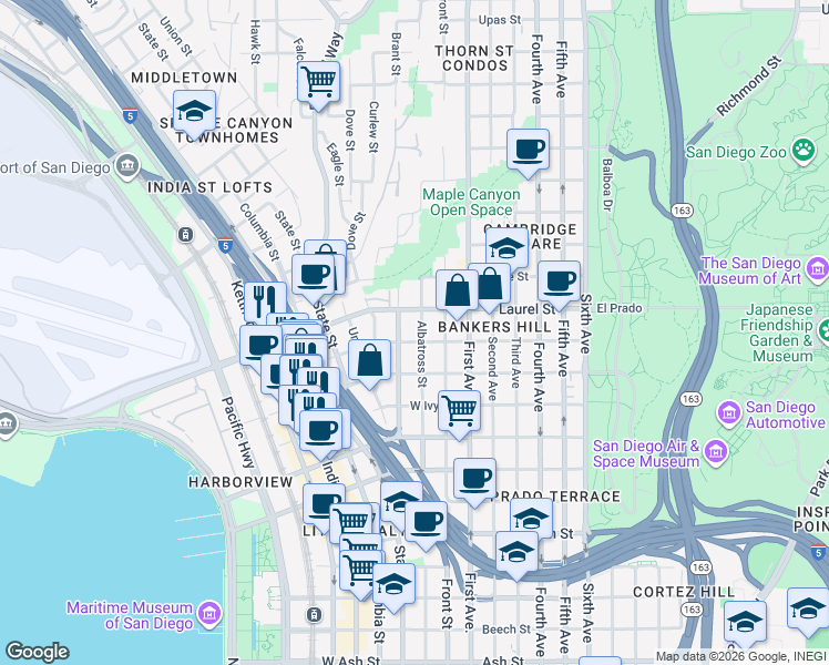 map of restaurants, bars, coffee shops, grocery stores, and more near 2355 Brant Street in San Diego
