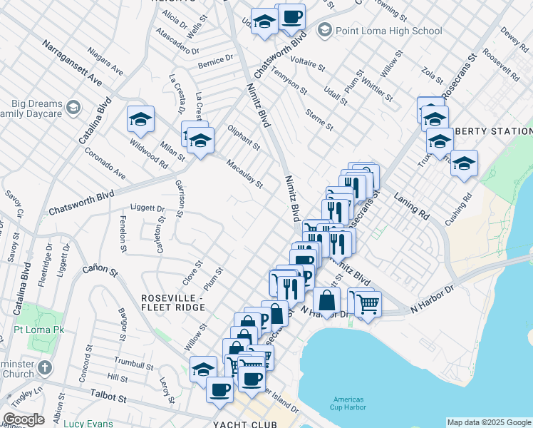 map of restaurants, bars, coffee shops, grocery stores, and more near 1656 Willow Street in San Diego
