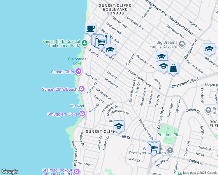 map of restaurants, bars, coffee shops, grocery stores, and more near 4491 Osprey Street in San Diego