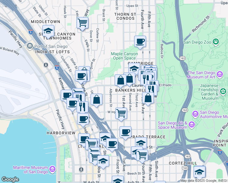 map of restaurants, bars, coffee shops, grocery stores, and more near in San Diego