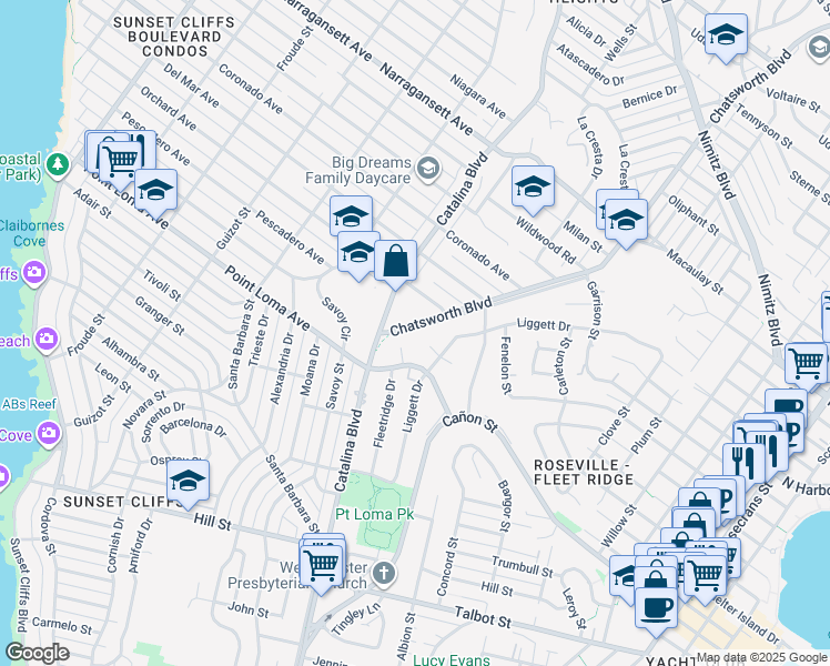 map of restaurants, bars, coffee shops, grocery stores, and more near 1501 Chatsworth Boulevard in San Diego