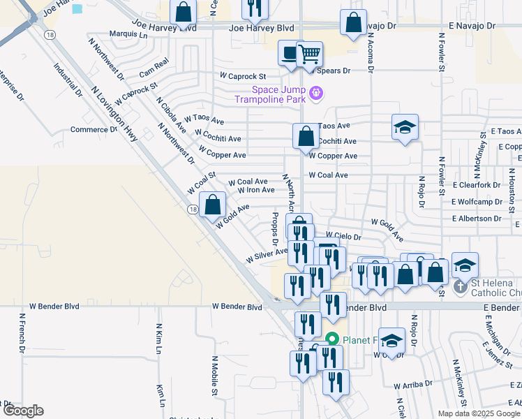 map of restaurants, bars, coffee shops, grocery stores, and more near 917-1003 West Lead Avenue in Hobbs