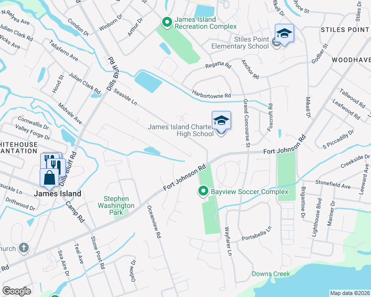 map of restaurants, bars, coffee shops, grocery stores, and more near 1021 Greenhill Road in Charleston