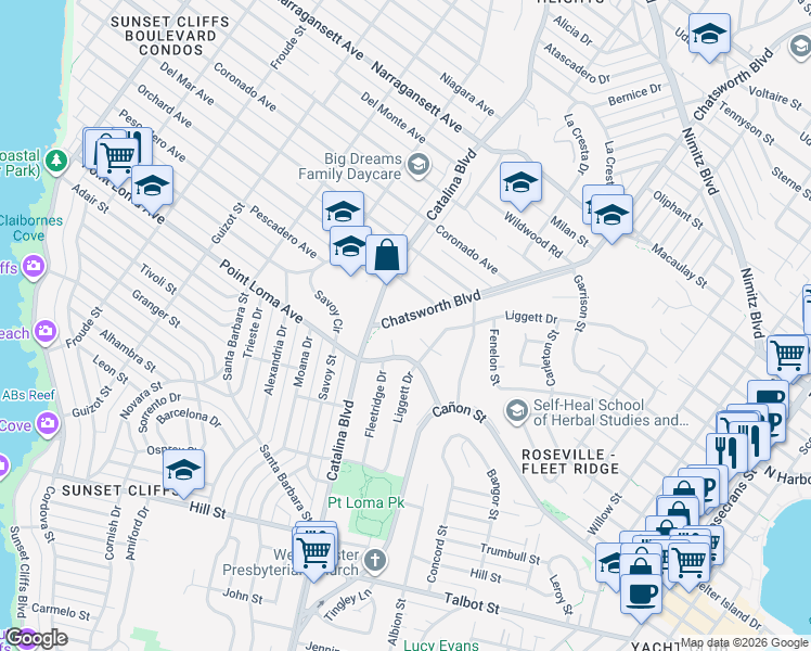 map of restaurants, bars, coffee shops, grocery stores, and more near 1501 Chatsworth Boulevard in San Diego