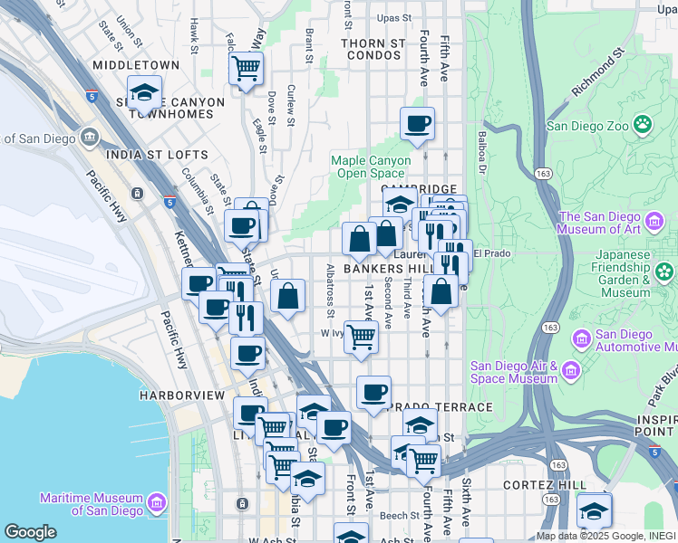 map of restaurants, bars, coffee shops, grocery stores, and more near 2414 Front Street in San Diego