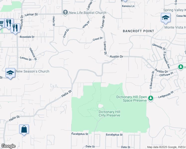 map of restaurants, bars, coffee shops, grocery stores, and more near 9440 Ivy Street in Spring Valley