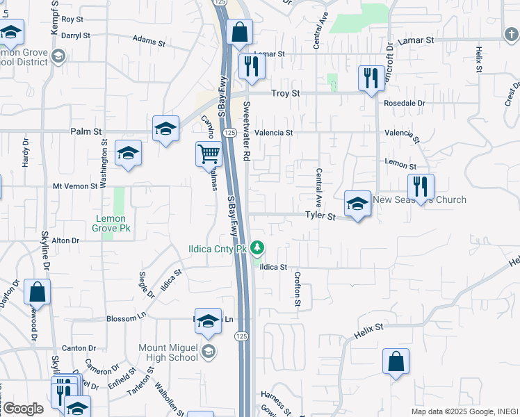 map of restaurants, bars, coffee shops, grocery stores, and more near 8645 Tyler Street in Spring Valley