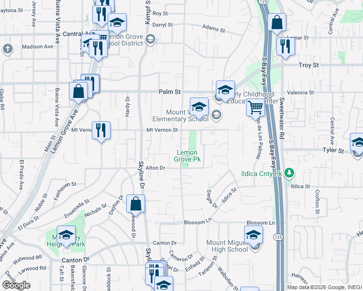 map of restaurants, bars, coffee shops, grocery stores, and more near 2270 Washington Street in Lemon Grove
