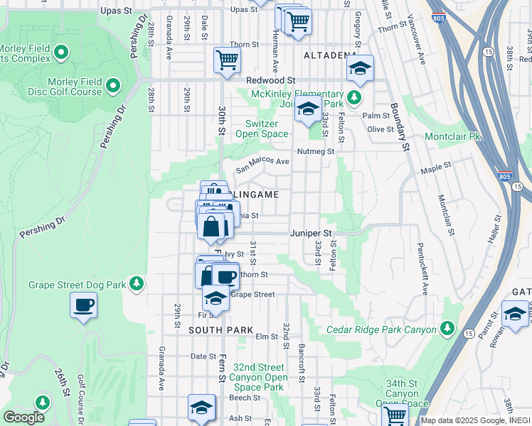 map of restaurants, bars, coffee shops, grocery stores, and more near 3170 Juniper Street in San Diego