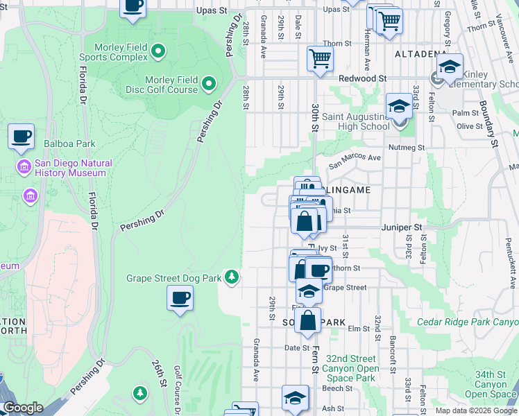 map of restaurants, bars, coffee shops, grocery stores, and more near 2828 Juniper Street in San Diego