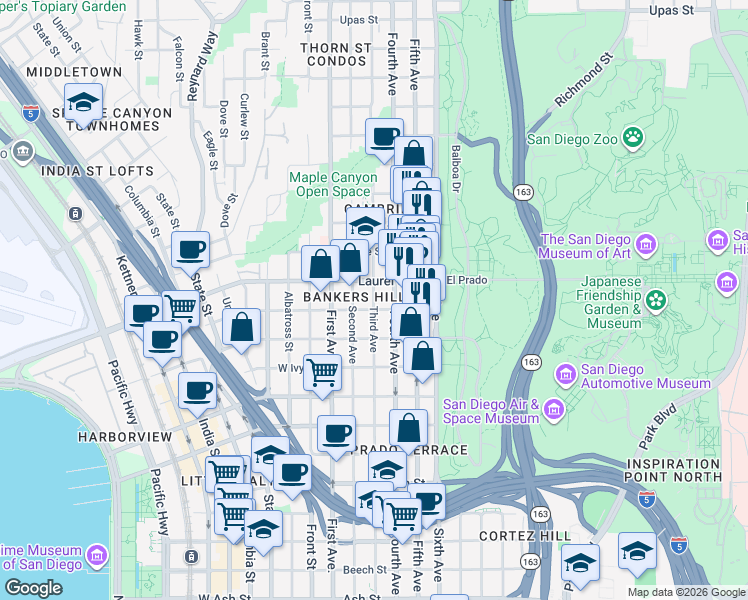 map of restaurants, bars, coffee shops, grocery stores, and more near in San Diego