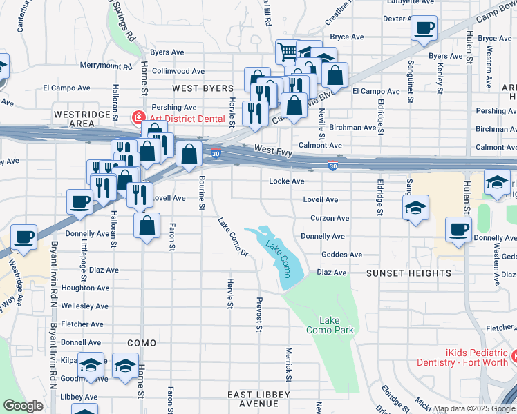 map of restaurants, bars, coffee shops, grocery stores, and more near 5237 Curzon Avenue in Fort Worth
