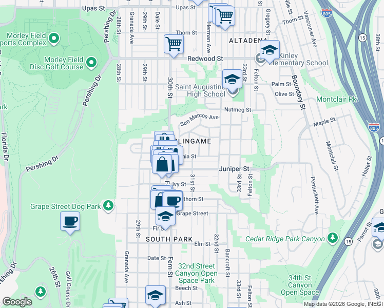 map of restaurants, bars, coffee shops, grocery stores, and more near 2401 Capitan Avenue in San Diego