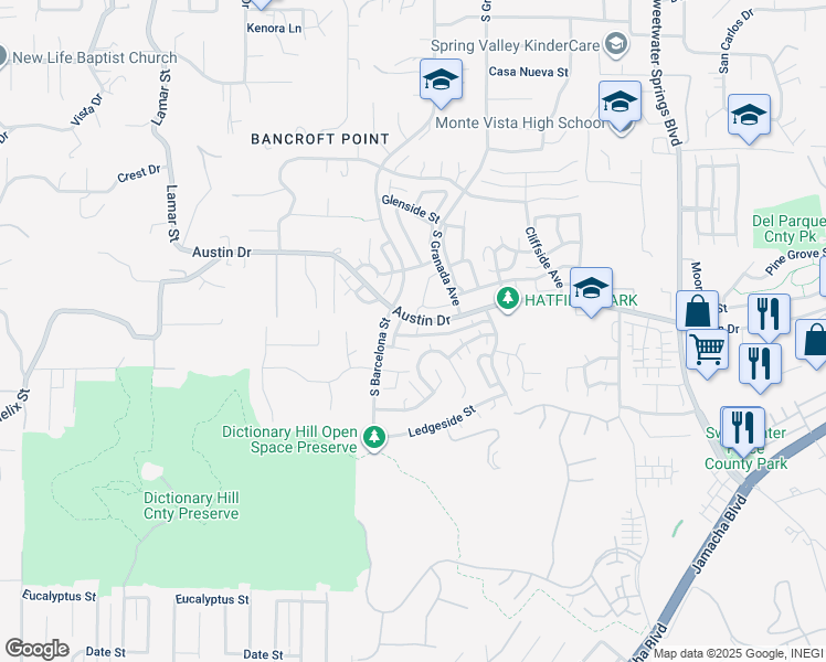map of restaurants, bars, coffee shops, grocery stores, and more near 2418 Fieldridge Place in Spring Valley