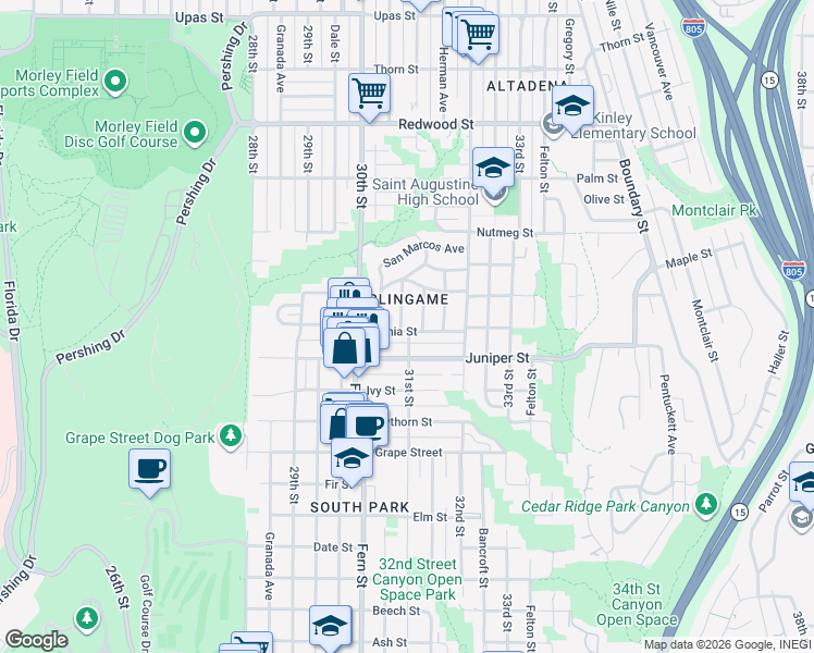 map of restaurants, bars, coffee shops, grocery stores, and more near 2401 Capitan Avenue in San Diego