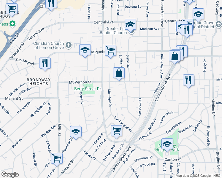 map of restaurants, bars, coffee shops, grocery stores, and more near 2363 Mcknight Drive in Lemon Grove