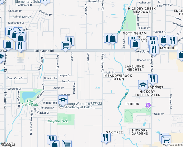 map of restaurants, bars, coffee shops, grocery stores, and more near 2812 Crystal Drive in Balch Springs